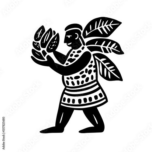 Celebrating the harvest of cacao with a joyful figure holding lush leaves in vibrant tradition