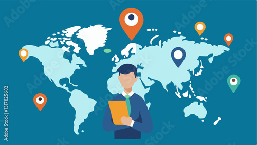 Map with Pins A world map dotted with pins representing team members in different locations with a project manager in the center holding a tablet tracking progress.