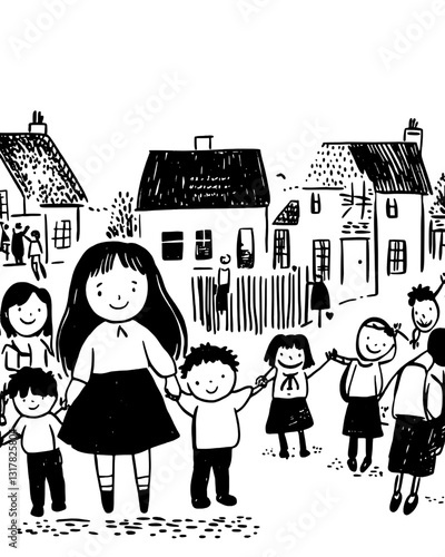 Children play joyfully in a quaint village while a girl leads them with warm smiles and holding hands under a clear sky
