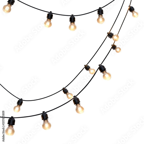 String of lights with bulbs that are lit up on transparent background