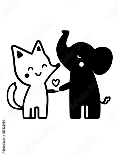 Cute vector illustration of a fox and an elephant sharing a heart in a joyful display of friendship and love