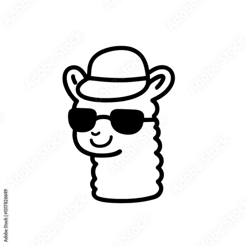 Lively llama character wearing sunglasses and a hat, showcasing a fun and quirky vibe in a minimalist style