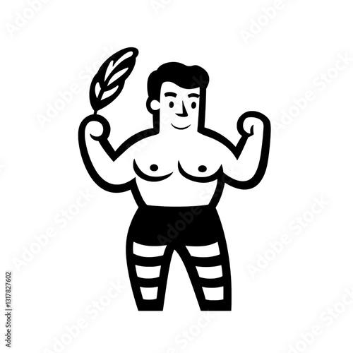 Muscular athlete flexing muscles while proudly holding a laurel branch symbolizing victory in a competitive arena