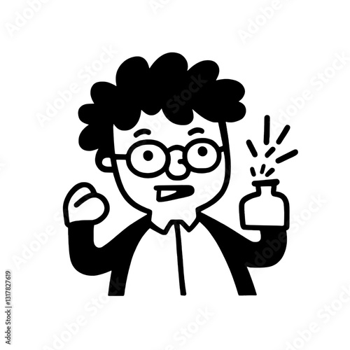 Excited scientist holds up a bubbling potion in a playful and whimsical laboratory setting