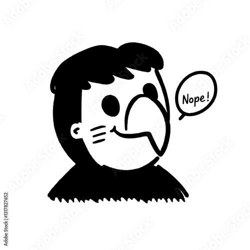 Stylized vector illustration featuring a whimsical character with a beak saying nope in playful monochrome design