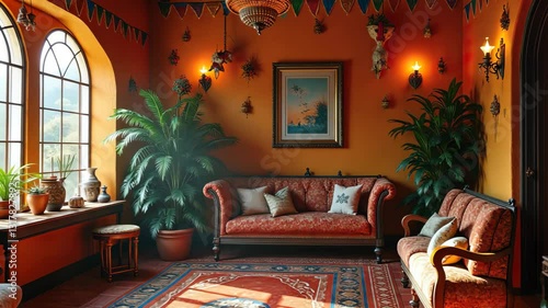 Cozy living room with mexican decor, elegant sofa, potted plants, colorful rugs, traditional wall art, celebrating cinco de mayo, mexican culture