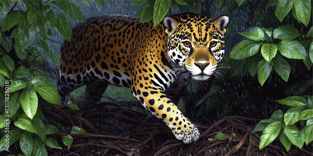 Naklejka premium Stunning Vector Art of Majestic Jaguar in Rainy Jungle Environment with Lush Green Foliage, Branches, and Vibrant Spotted Coat - Wildlife Illustration