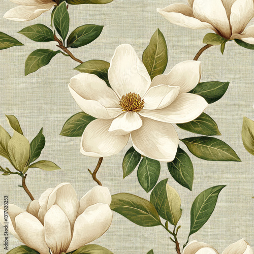 Seamless pattern of elegant white magnolia blossoms and green leaves on a textured beige background.