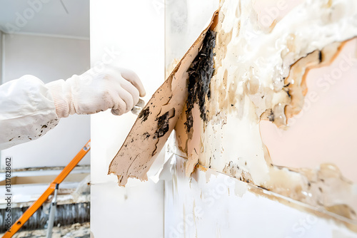 remediation specialist in white gloves removing deteriorated wallcovering to document severe black mold infestation in water-damaged bedroom