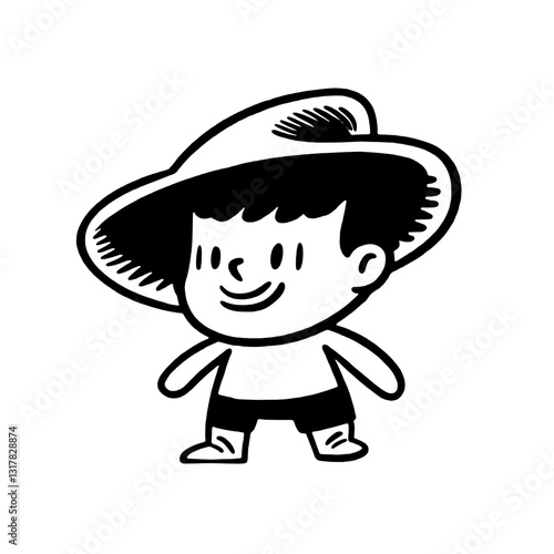 Playful character wearing a straw hat, enjoying a sunny day outdoors while embracing the joys of childhood adventure