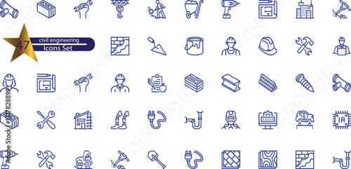 icons related to civil engineering. Linear icon collection.