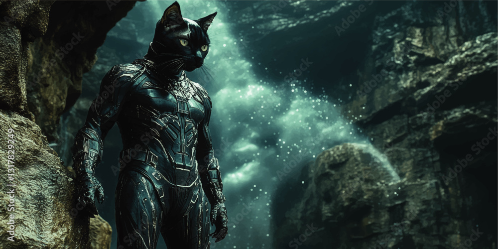 Futuristic Cat-Warrior in Advanced Armor Exploring Mystical Rocky Cavern Environment | Sci-Fi Fantasy Vector Art Design | Imaginative Wilderness Adventure Futuristic Cat-Warrior in Advanced Armor Exploring Mystical Rocky Cavern Environment | Sci-Fi Fantasy Vector Art Design | Imaginative Wilderness Adventure