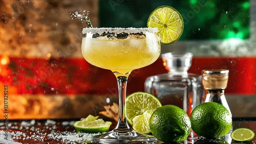 Margarita cocktail with salt rim and lime, surrounded by fresh limes and tequila bottle, celebrating vibrant cinco de mayo, mexican culture