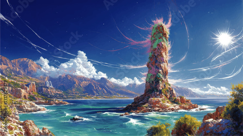 Stunning Abstract Vector Art of Coastal Paradise with Towering Rock Formation, Azure Ocean Waves, Lush Greenery, and Radiant Sun Under a Clear Blue Sky