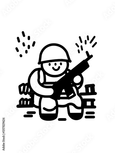 Military character with a playful disposition holding a weapon among whimsical surroundings