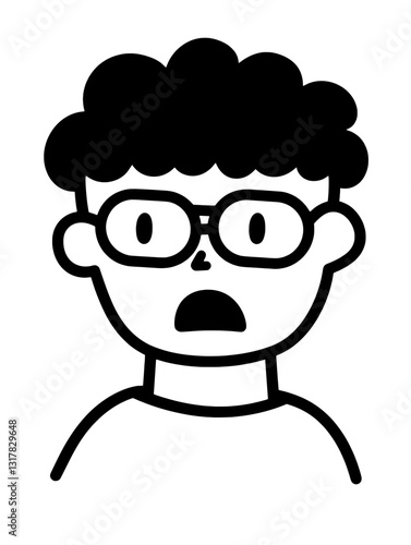 Surprised expression of a cartoon character with glasses and curly hair representing shock or disbelief in a simplistic style