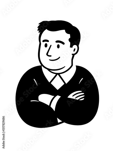 Illustration of a confident man in a sweater with crossed arms showcasing a relaxed demeanor and a friendly expression