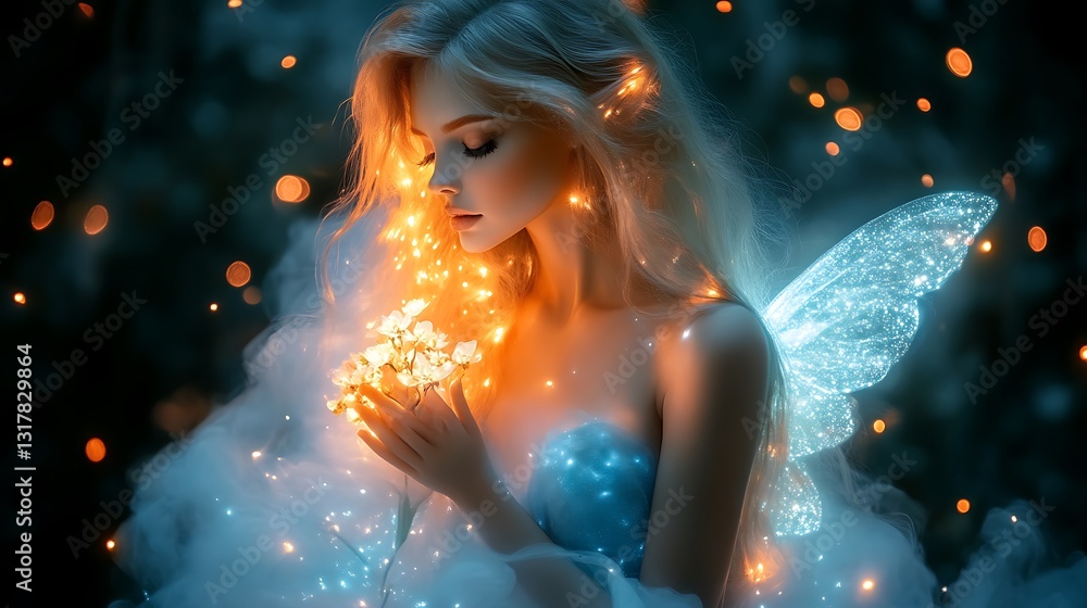 A beautiful ethereal woman holding glowing lights in the forest A beautiful ethereal woman holding glowing lights in the forest