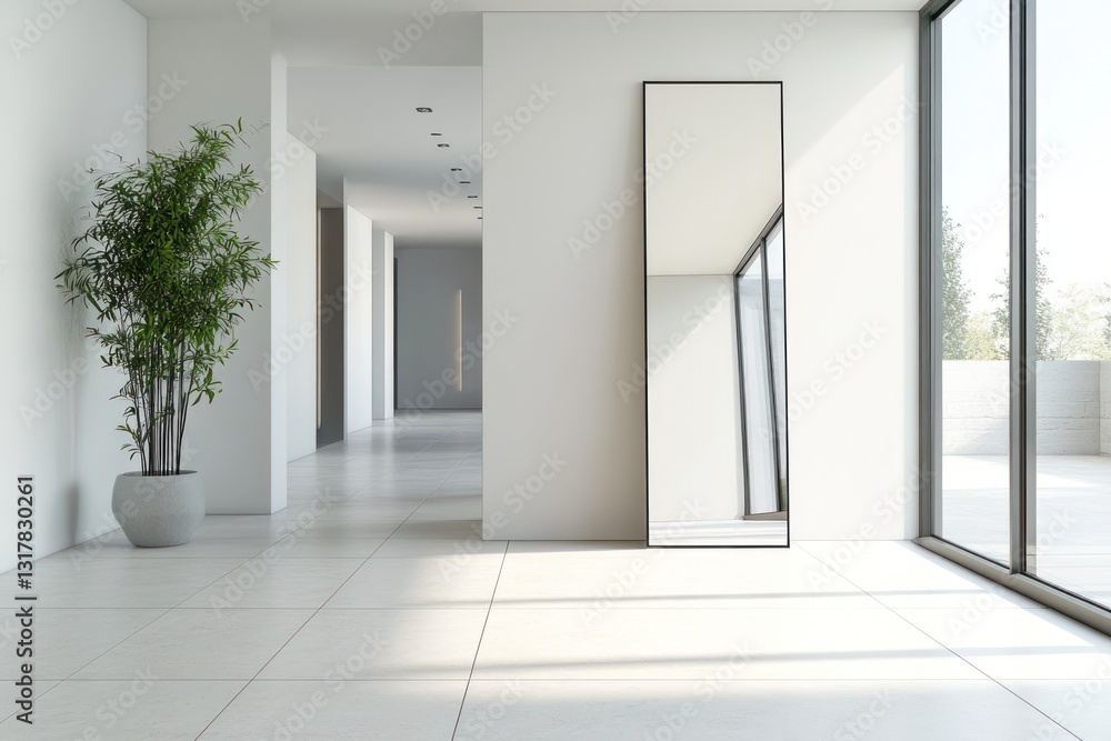 Modern Minimalist Interior with Large Windows and Reflective Surfaces Modern Minimalist Interior with Large Windows and Reflective Surfaces