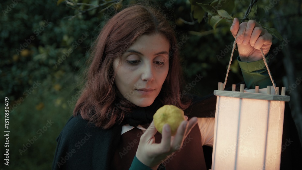 Fototapeta premium Woman Smells A Lemon Found In The Forest At Night With A Lantern