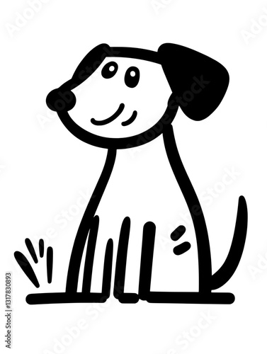 Cheerful cartoon dog sitting happily in a grassy field surrounded by playful lines and a whimsical atmosphere