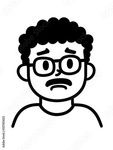 Concerned person with curly hair and glasses expressing worry in a minimalist vector design
