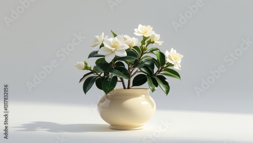 Wallpaper Mural Delicate White Gardenia in Cream Pot, Soft Light, White Background Torontodigital.ca