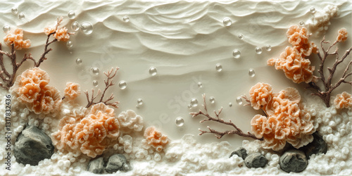 Elegant Underwater Coral Reef Vector Illustration with Bubbles: Realistic Ocean Scene Featuring Vibrant Branching Corals, White Rocks, and Subtle Water Flow Nature Art