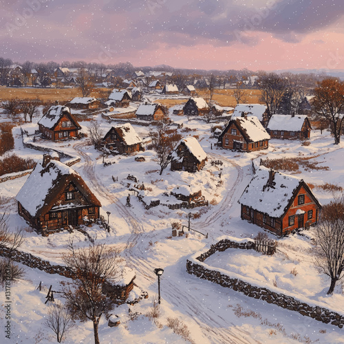 Charming Winter Village Landscape Vector Illustration Depicting Snow-Covered Rustic Houses, Stone Walls, and Bare Trees at Dusk with Falling Snowflakes