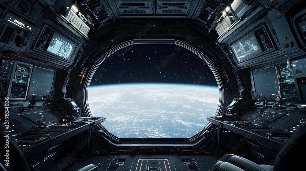 View Of Planet Earth From A Futuristic Spaceship Cockpit With Dark Interior And Bright Window View Of Planet Earth From A Futuristic Spaceship Cockpit With Dark Interior And Bright Window