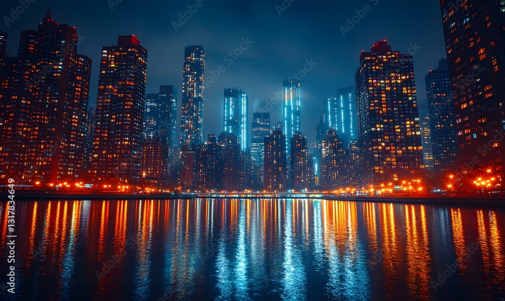 Fototapeta premium Illuminated Cityscape Reflecting on the Water's Surface at Night
