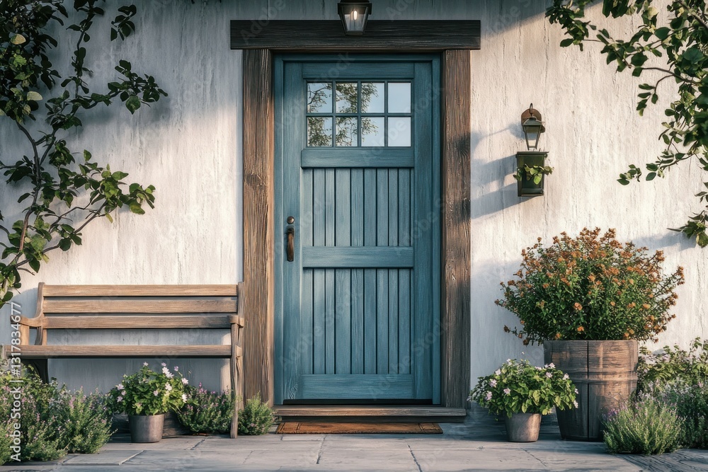 Rustic House Entrance with Teal Door and Garden Decor Rustic House Entrance with Teal Door and Garden Decor