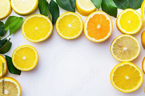 Fresh citrus slices arranged in a frame.  Vibrant yellow lemons and orange grapefruit segments, framed by fresh green leaves on a white background photo