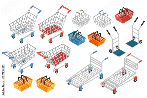 Set of various shopping carts and baskets. Plastic and steel supermarket tools. Warehouse push cart on wheels with handle. Vector illustration isolated on white background