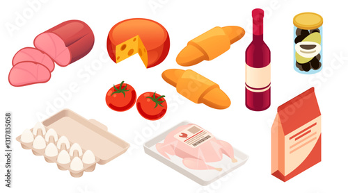 Set of Isometric food assortment. Food in and without packages. Beverages, raw and prepared foods for supermarkets and grocery stores. Bottle of wine. Vector illustration isolated on white background