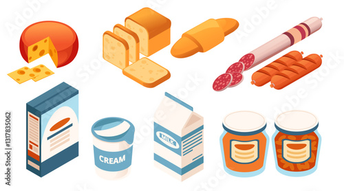 Set of Isometric food assortment. Food in and without packages. Cheese, sausage, bread and jam for supermarkets and grocery stores. Vector illustration isolated on white background