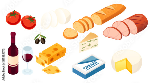 Set of Isometric food assortment. Food in and without packages. Raw and prepared foods for supermarkets and grocery stores. Wine with tuna. Vector illustration isolated on white background