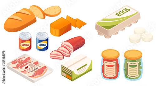 Set of Isometric food assortment. Food in and without packages. Raw and prepared foods for supermarkets and grocery stores. Preserved jars with eggs and soda in cans Vector illustration isolated