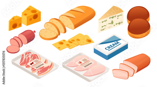 Set of Isometric food assortment. Food in and without packages. Meat, dairy and flour products for supermarkets and grocery stores. Vector illustration isolated on white background