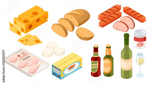 Set of Isometric food assortment. Food in and without packages. Beverages, raw and prepared foods for supermarkets and grocery stores. Vector illustration isolated on white background