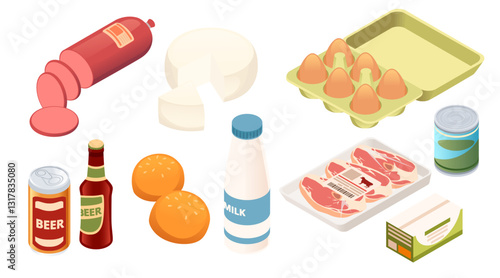 Set of Isometric food assortment. Food in and without packages. Eggs, cheese, sausage with meat and beer. for supermarkets and grocery stores. Vector illustration isolated on white background