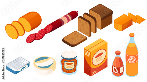 Set of Isometric food assortment. Food in and without packages. Soda, tuna, bread and others for supermarkets and grocery stores. Vector illustration isolated on white background