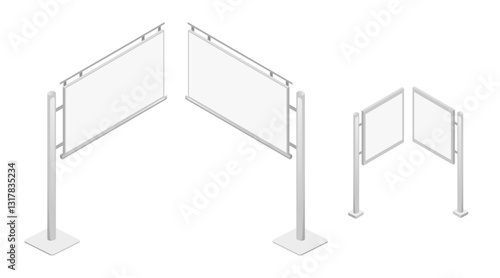 Isometric advertising billboards. The empty billboard framework with supporting poles and display surfaces. Professional marketing platform. Vector illustration isolated on white background