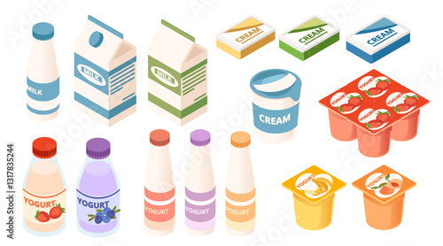 Collection of different dairy products. Yogurt in containers and small bottles, milk in cardboard boxes, cream in carton packages. Colorful dairy products with labels. Vector illustration, isometric