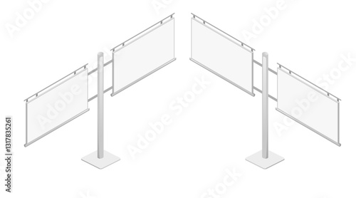 Isometric advertising billboards. The empty billboard framework with supporting poles and display surfaces. Professional marketing platform. Vector illustration isolated on white background