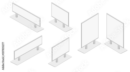 Isometric advertising billboards. The empty billboard framework with supporting poles and display surfaces. Professional marketing platform. Vector illustration isolated on white background