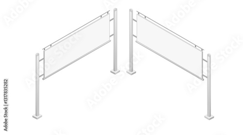 Isometric advertising billboards. The empty billboard framework with supporting poles and display surfaces. Professional marketing platform. Vector illustration isolated on white background