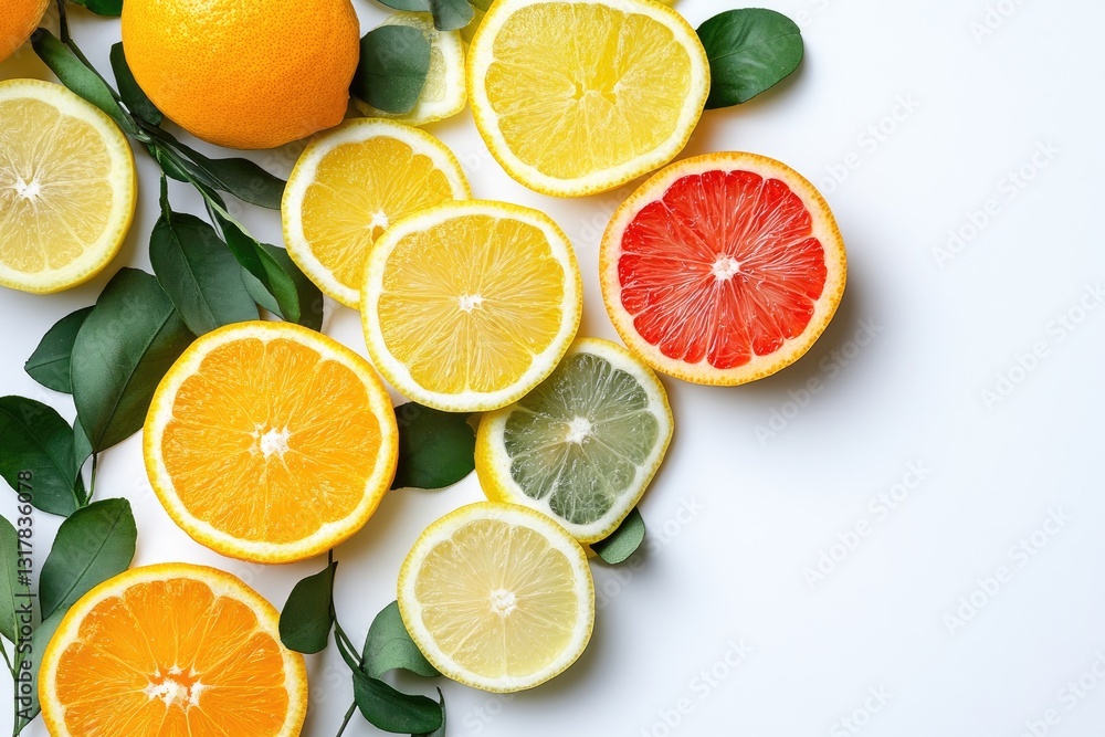 Colorful citrus fruit slices arranged on a white background with fresh leaves Colorful citrus fruit slices arranged on a white background with fresh leaves