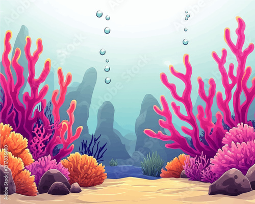 Vibrant Underwater Coral Reef Scene with Colorful Pink and Orange Corals, Clear Water, Sandy Ocean Floor, and Bubbles in Vector Illustration Art