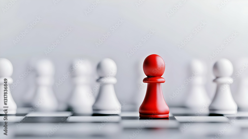 Red Chess Pawn Standing Out From A Group Of White Pawns On A Checkered Board Symbolizing Leadership And Strategic Advantage Red Chess Pawn Standing Out From A Group Of White Pawns On A Checkered Board Symbolizing Leadership And Strategic Advantage